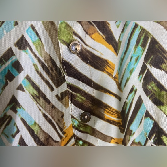 Silk Summer Tie Front Blouse Cap Sleeve Abstract Print Aqua Orange Brown… - Picture 8 of 8